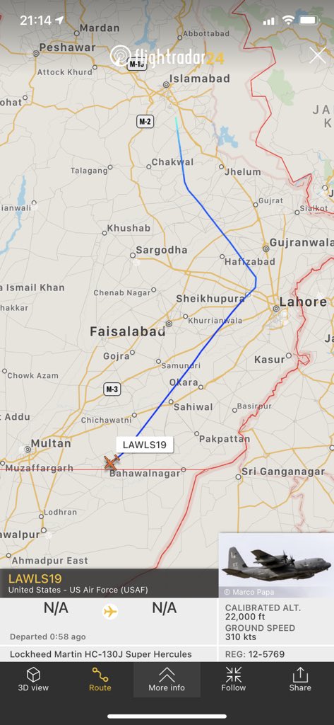 TheSnoopySnoop's tweet photo. #LAWLESS19 #ae54d2 #HC130J #CombatKing2 12-5769 #USAF airborne from #Islamabad #Pakistan 22,000ft
#haveglass #planespotting #AvGeek #MilAir #airsupport https://t.co/SzOnLxPfEw