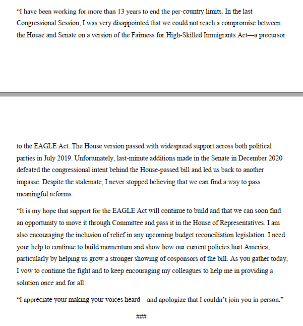 We are immensely grateful to Hon'ble .<a href="/RepZoeLofgren/">Rep. Zoe Lofgren</a> who couldn't make it, but provided a statement of support &amp; have faith that under her leadership, issues that plague skilled legal immigrant community will be resolved including root cause of discriminatory country caps #HR3648