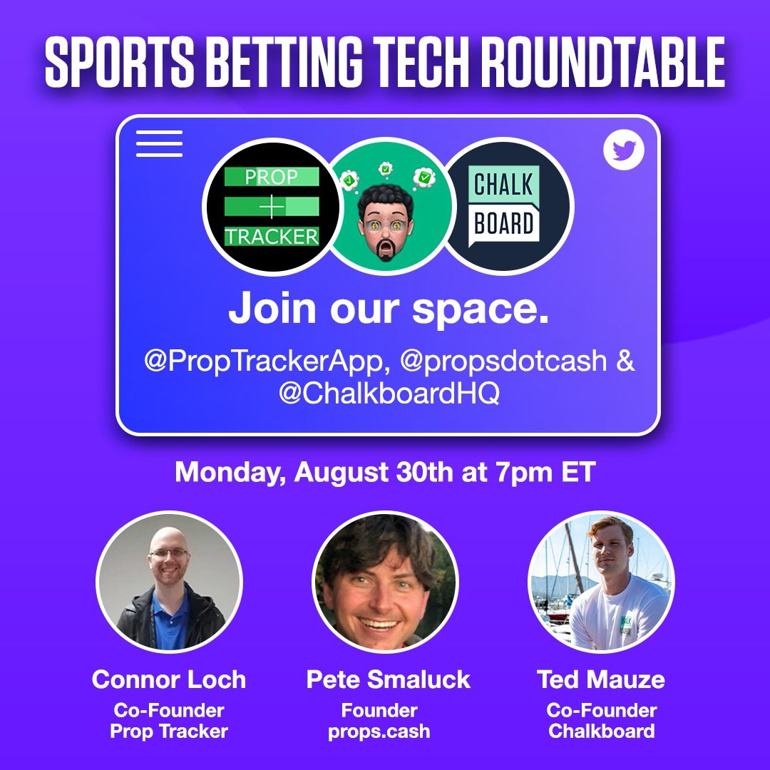 propsdotcash's tweet photo. Tomorrow night we'll be hanging with @proptrackerapp & @ChalkboardHQ. You're all invited to the Twitter Space. We'll be speaking about #gamblingTech and answering your questions. We're looking forward to it. https://t.co/X7jcKICKI0