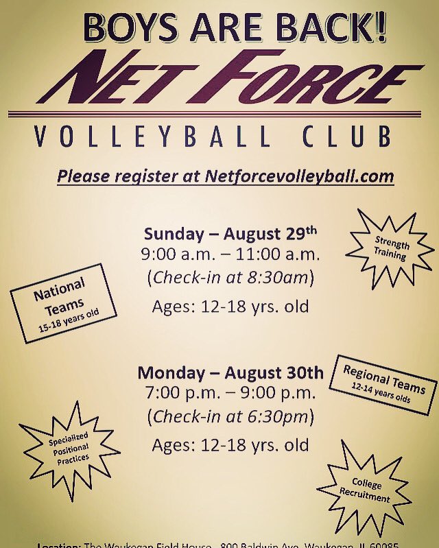 Still have quite a few spots left at all age levels.  2nd tryouts Monday, August 30th, 7-9pm.  #nfvbc