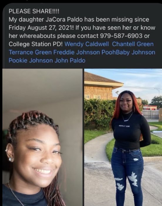 consolgirlsbb's tweet photo. Please share and help find JaCora Paldo. Any information that could help please contact her family or police. #FindJaCora https://t.co/lkpaMS92qJ
