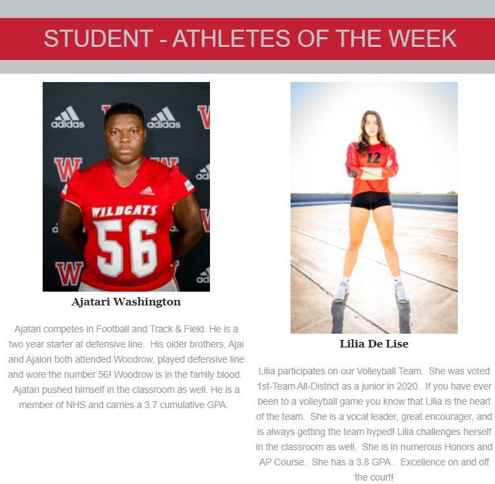 woodrow_sports's tweet image. A new week means new Student-Athletes of the Week! This week we shout out Ajatari Washington of @WoodrowFootball and Lilia De Lise of @WoodrowVolleyb1 - both are outstanding students and serve as strong leaders for their team and school @WWHS_Wildcats