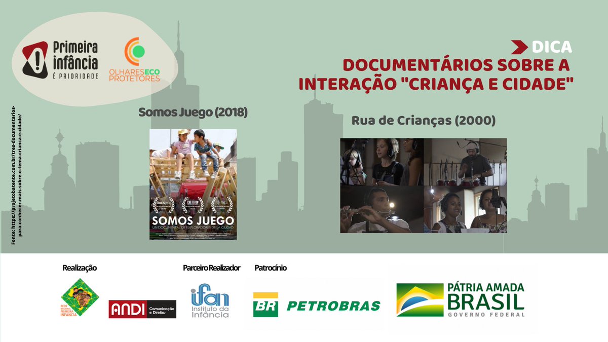 Você se interessa pelo tema da relação entre criança e cidade? Então assista à "Somos Juego" (2018) e "Rua de Crianças" (2000). Mais dicas em projetobatente.com.br.
#ifan #institutodainfancia <a href="/petrobras/">Petrobras</a>
#ProgramaPetrobrasSocioambiental #ProjetoPrimeiraInfanciaePrioridade