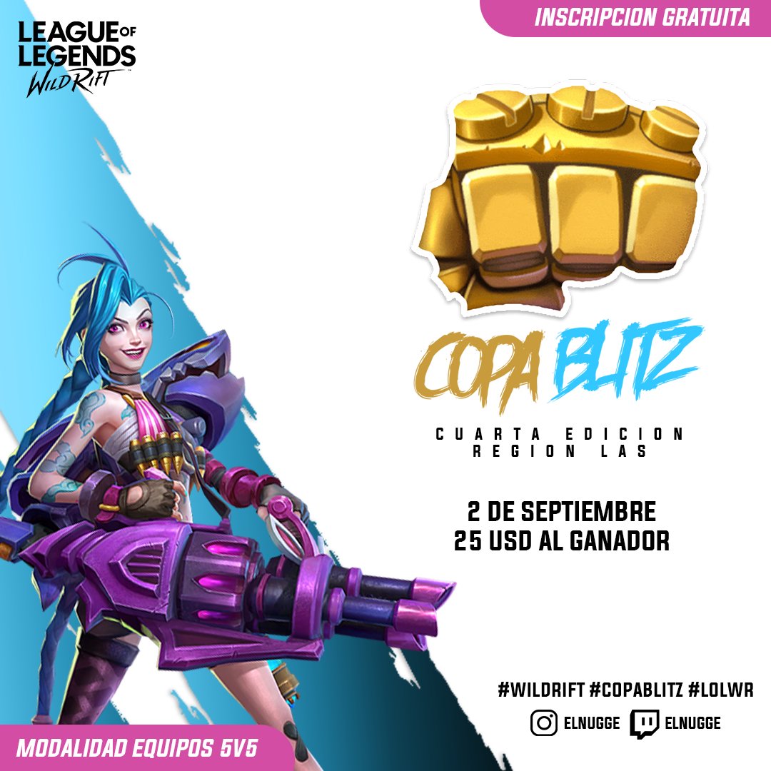🏆TORNEO 5v5🏆
⠀
ℹ️ Nueva edición de #CopaBlitz #WildRift 
⠀
🗓️ 02/09
⏰ 22 hs 🇦🇷
💰 25 USD

Requisitos
✅ Seguirme <a href="/ElNugge/">Maximiliano Bordón</a>
✅ Seguirme twitch.tv/elnugge
✅ Etiquetar 3 teams de WR
✅ MG y RT
✅ Región LAS
✅ Enviar capturas al DM

#wildrifttorneo #wildriftmobile #wr