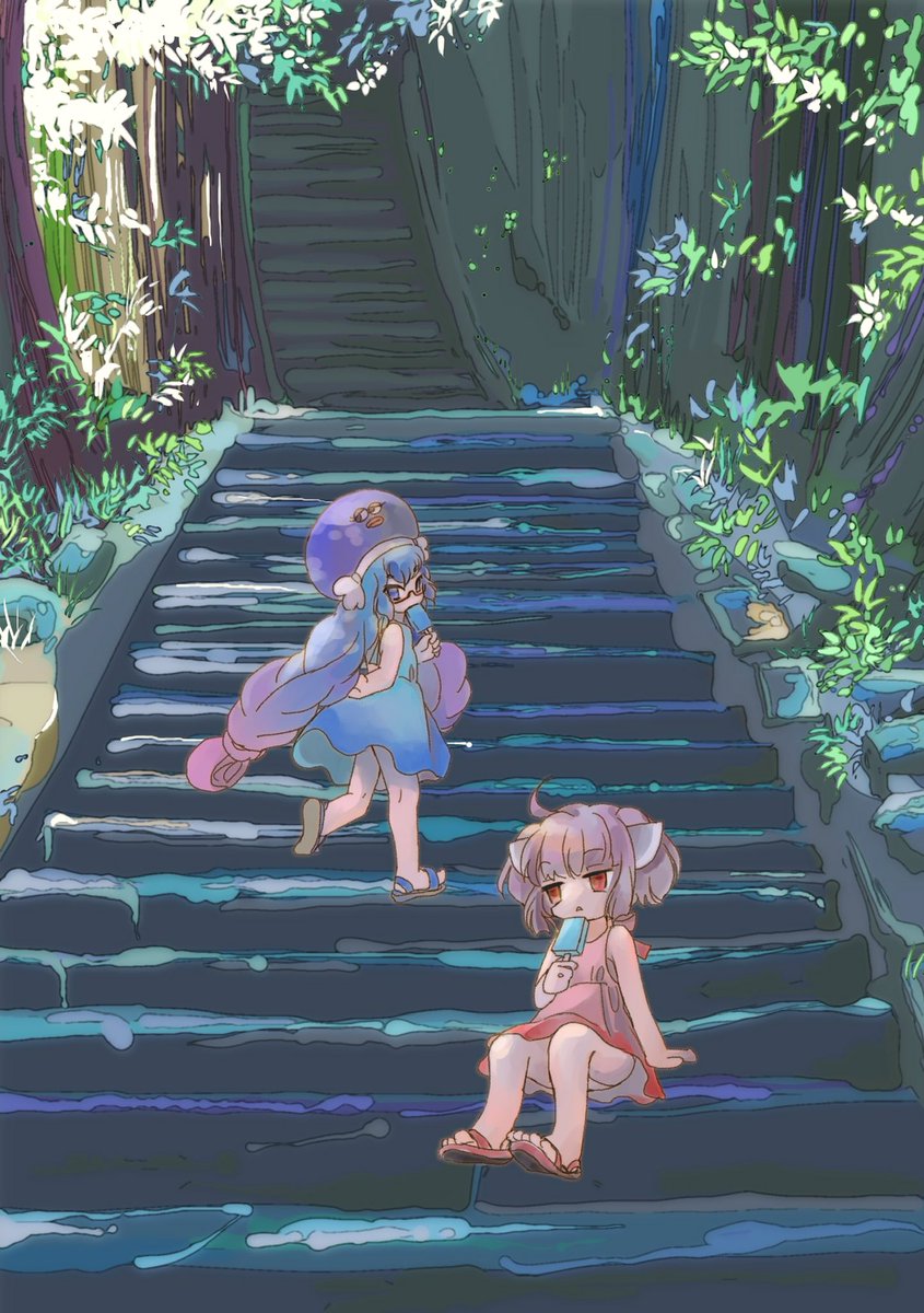 touhoku kiritan stairs multiple girls 2girls food blue headwear twintails holding food  illustration images