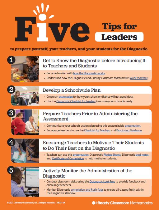 #iReadyClassroom leaders! Here are top 5 tips for administering the Diagnostic. Click the link to download the tips and view additional resources: 
bit.ly/3vItEwA