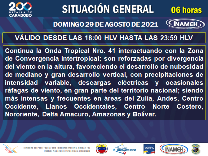 InamehVenezuela's tweet photo. #29Ago #INAMEHInforma Condiciones Meteorológicas próximas 06 Horas #Reporte de las 18:00 HLV #PlanDeLluvias2021 #TrabajoJuntoAlPueblo https://t.co/8vB0nQ5t6X