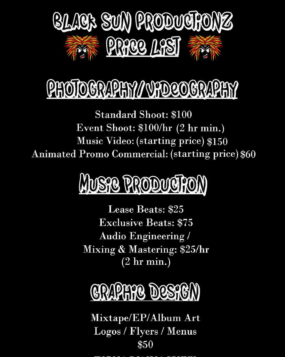 Black_Sun_PRO's tweet photo. #RT4RT 
#MusicProducer 
#Photographer 
#Videographer 
#GraphicDesigner 
#MultimediaProduction 
#MultimediaProducer
#PriceSheet
#BlackSun 
#S4S https://t.co/E98c7sOD80 https://t.co/irlPXjmIB6