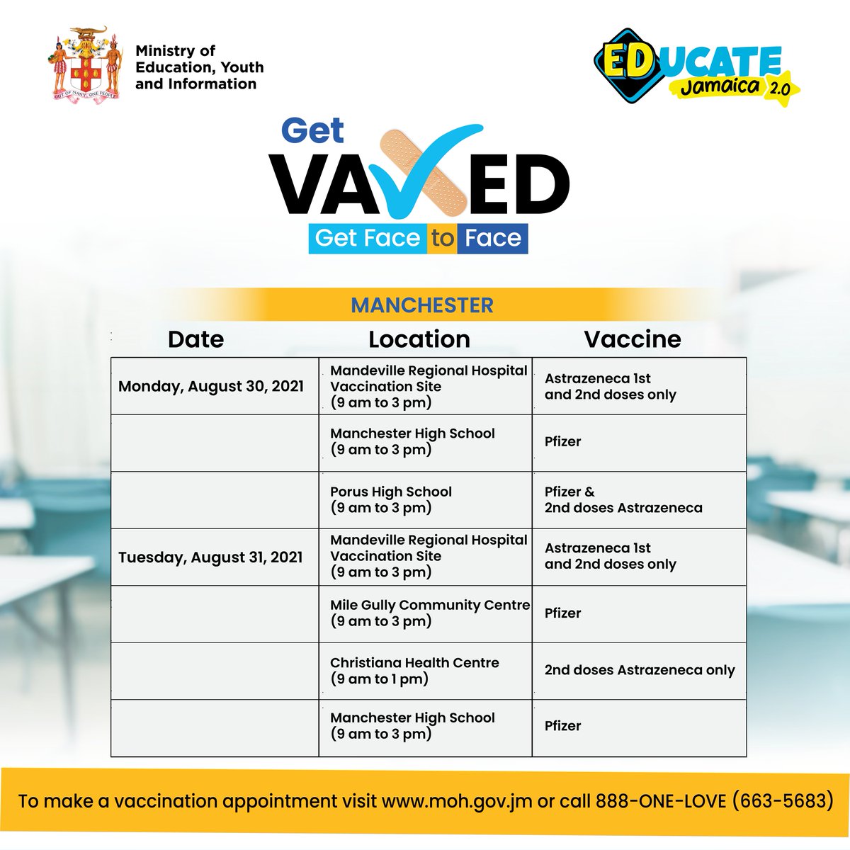 MOEYJamaica's tweet photo. There's still time for parents, teachers and students to go out and #GetVaxed. Visit https://t.co/XQZnRrebgb or call 888-ONE-LOVE (663-5683) to make an appointment at your nearest location today.

#MOEYI #EducateJamaica #GetVaxed #Getfacetoface https://t.co/pBcpZ70Xro