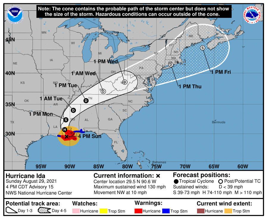 NWSEastern's tweet photo. 6 pm ET Sun..Hurricane Ida was 5 mi east of Houma LA. Ida has max sustained winds of 130 mph and is moving NW at 10 mph. The remnants of Ida will interact with a frontal boundary later this week bringing heavy rain and potential flash &amp; river flooding to parts of the Eastern US. https://t.co/CJiL6mox0U