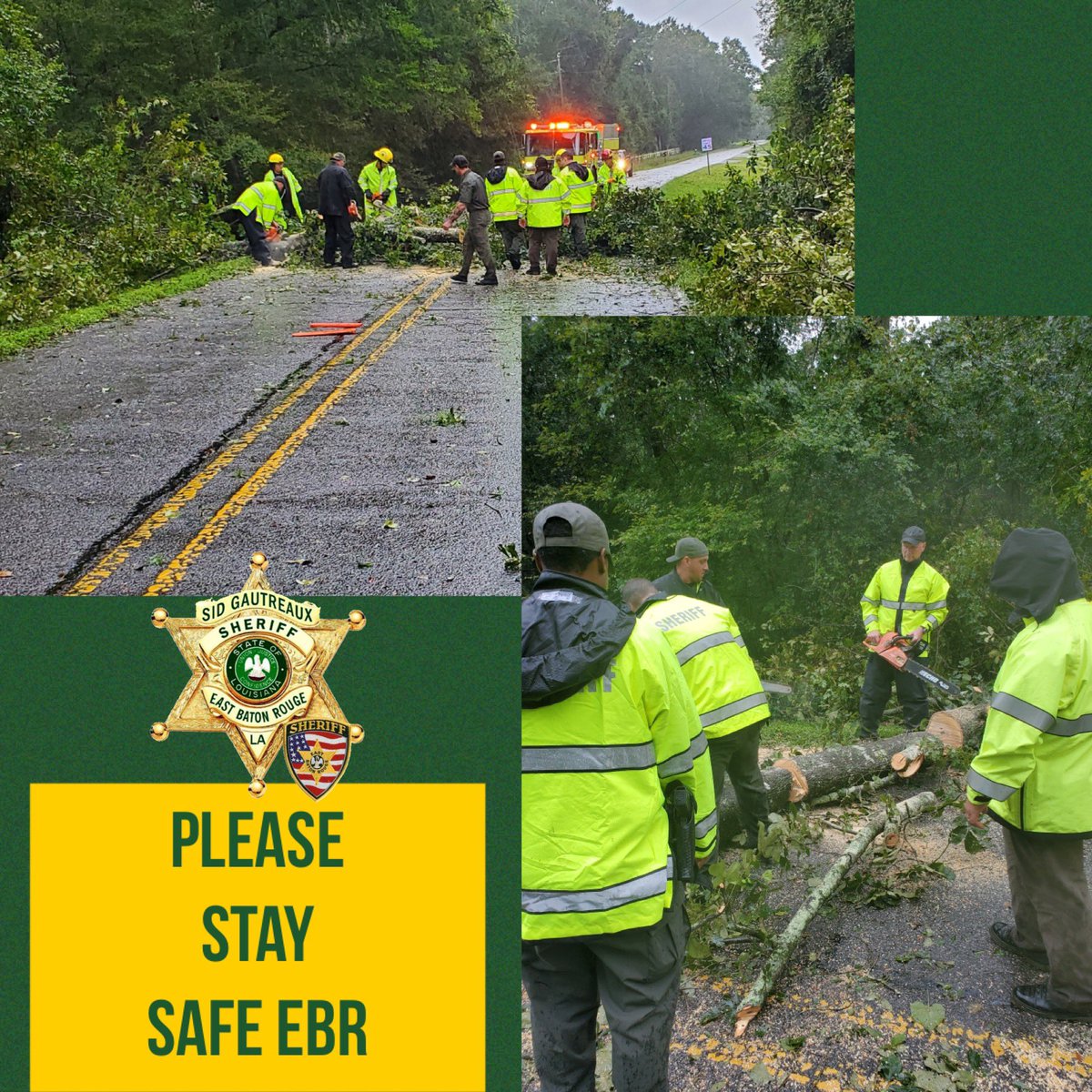 EBRSO Deputies cleared a downed tree on S Tigerbend this evening. “While the road is back open, we are still asking residents if at all possible to shelter in place and stay safe,”Sheriff Sid Gautreaux said. #EBRsafe #HurricaneIda #hurricaneida2021