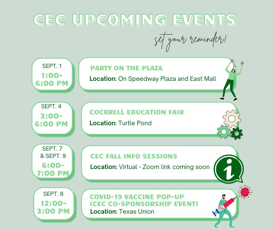 UTCEC's tweet photo. Mark your calendars with CEC’s upcoming events! #BleedOrangeLiveGreen #Sustainability @KeepTexasGreen @CockrellSchool https://t.co/vKSnObpZ2E