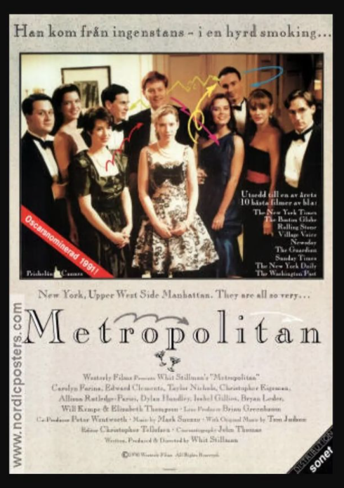 Swedish poster for <a href="/WhitStillman/">Whit Stillman</a>'s #Metropolitan1990 Translates to: "He came from nowhere - in a rented tuxedo..."  🤵

instagram.com/p/CTJ2Qu1raSa/