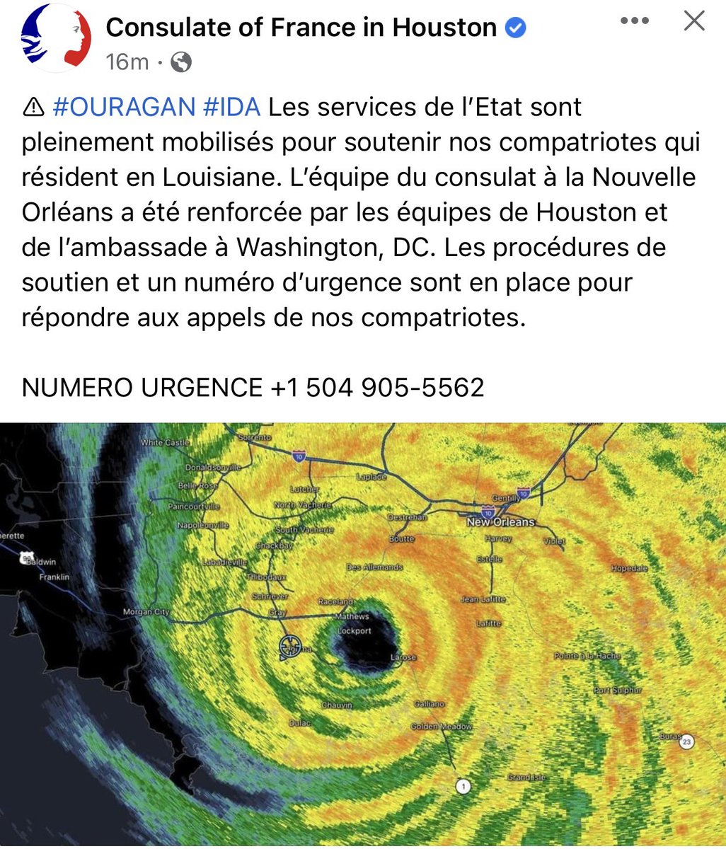 Un numéro d’urgence a été mis en place pour notre communauté qui traverse l’ouragan #ida en Louisiane: 504 905 5562. Tous solidaires! #idahurricane <a href="/FranceLouisiana/">Consulate General of France in Louisiana 🇫🇷🇪🇺</a> <a href="/franceintheus/">Embassy of France in the U.S.</a> <a href="/FR_Consulaire/">France Consul@ire</a> <a href="/franceinhouston/">Consulate of France in Houston 🇫🇷🇪🇺</a> #idalandfall <a href="/CODOFIL/">CODOFIL Louisiane</a>