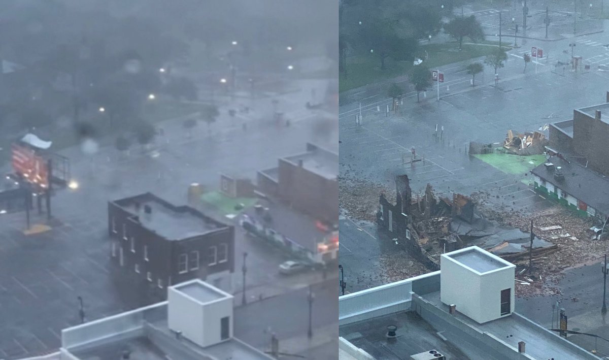StuvikLaila's tweet image. An entire building has just collapsed in New Orleans. These pictures were taken less than 2 hours apart, the first at 5pm and the other at 6:50pm. #HurricaneIda