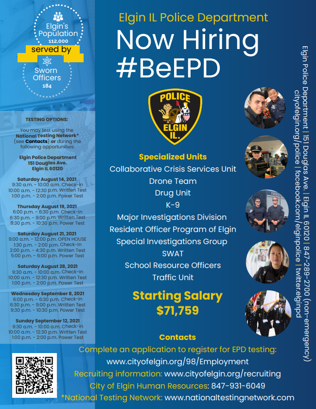 ElginPD's tweet photo. Elgin PD is accepting police officer applications. Join us and be a part of the changes you want to see; together we can shape the future of policing in Elgin.
Everything you want to know: https://t.co/ss1Aw9vkjW
#JoinEPD #BeEPD #ElginIL #Policing #Police #Hiring https://t.co/KrYHF94PbN