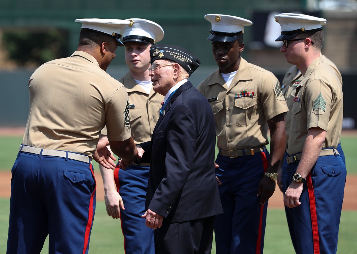 CJ_Upshot's tweet photo. The last living WWII Medal of Honor recipient Hershel “Woody” Williams, 97, was honored on Military Appreciation Day at Slugger Field. @LouisvilleBats 
https://t.co/LBqL4CfAMd https://t.co/Xjx7YVf3yf