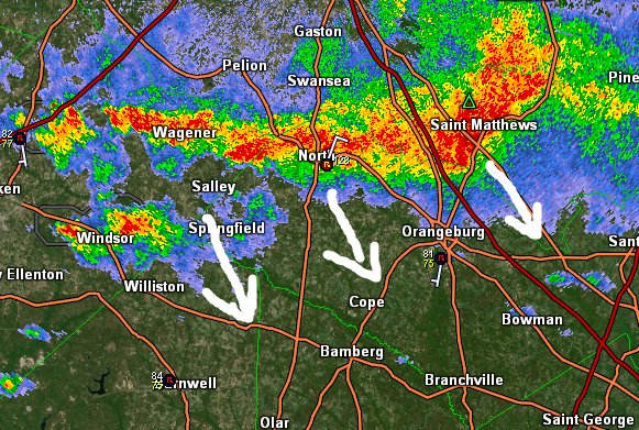 3:40 - Heads up: a line of thunderstorms producing heavy rain is moving southward through parts of Aiken and Orangeburg counties. This same line produced 3.5 inches of rain in one hour in Swansea.