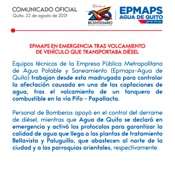 lalineadefuego's tweet photo. #AlertaQuito Debido a la contaminación de uno de los afluentes de agua de la capital, tras el derrame de combustible de un tanquero accidentado en la vía Pifo-Papallacta, el 70% del agua potable en la ciudad está afectada. Se recomienda no consumir el agua de grifo. https://t.co/82cSoojedo