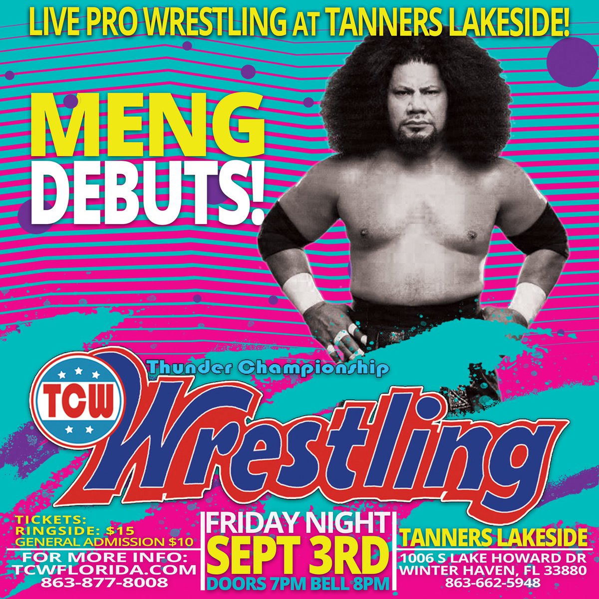 TCWflorida's tweet photo. Less than 2 weeks away from the next @TCWflorida show at Tanners Lakeside in #WinterHaven on Sept 3rd! Former #WCW Star #Glacier will be in the house &amp; former #WWE &amp; WCW Star #Meng aka #KingHaku debuts! General admission tickets are only $10! Don’t miss this one! #tcw #tcwflorida https://t.co/bsnpmvuOX8