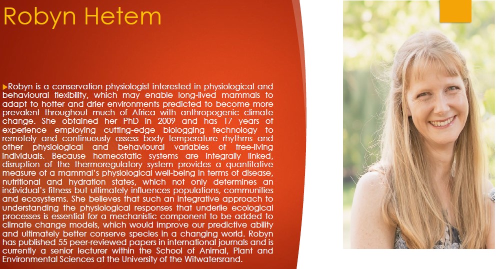 SAWMA (@sawma_wildlife) on Twitter photo Robyn Hetem (<a href="/HetemRobyn/">robyn.hetem</a>) will be our 3rd plenary & on Monday 6 Sept (12:00 UTC) she will present “Global change biology – the need for physiological insights” in the Conservation Physiology subtheme. #SAWMA50years Register - FREE online participation: sawma.co.za/sawma-conferen… Robyn Hetem (<a href="/HetemRobyn/">robyn.hetem</a>) will be our 3rd plenary & on Monday 6 Sept (12:00 UTC) she will present “Global change biology – the need for physiological insights” in the Conservation Physiology subtheme. #SAWMA50years Register - FREE online participation: sawma.co.za/sawma-conferen…