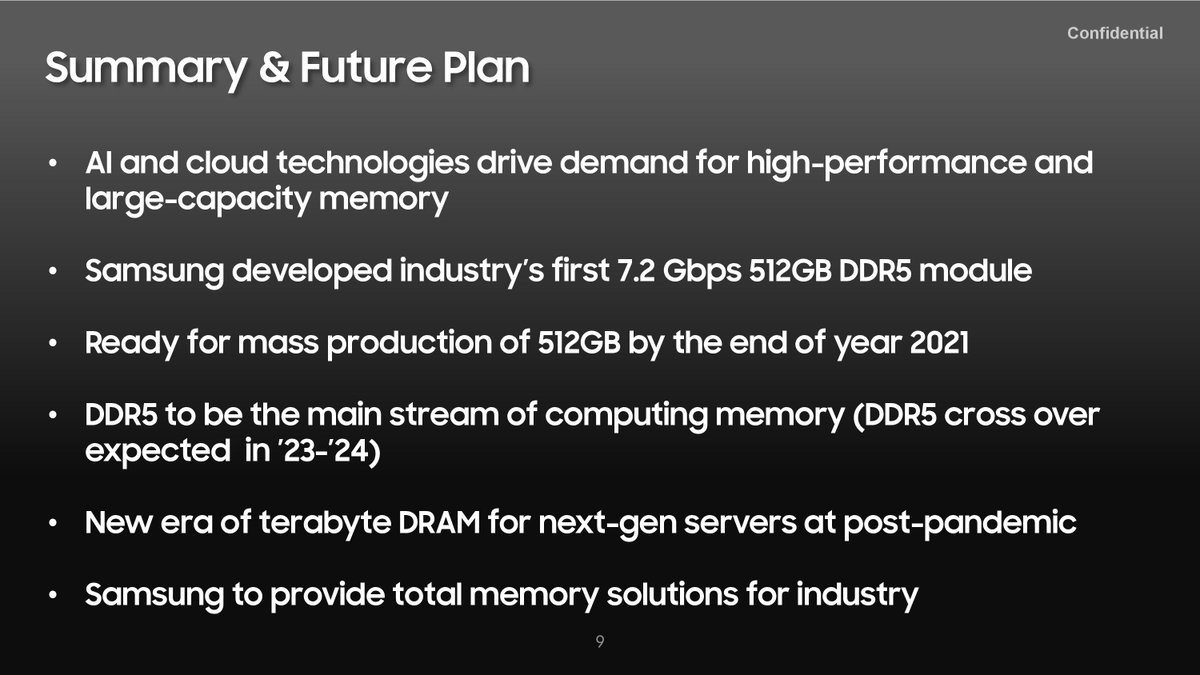 IanCutress's tweet image. Samsung at #hotchips2021 

(1) 512 GB DDR5-7200 module
(2) On-die ECC (ODECC) improves bit error rate (BER) by a factor of 1 million
(3) Uses High-K Metal Gate (first for DRAM)
(4) 8-hi DDR5 is smaller than 4-hi DDR4 due to die thinning
(5) DDR5 crossover expected in 2023/2024