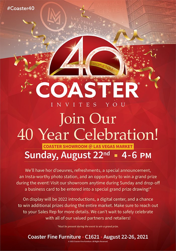 Shoptelligence is excited to celebrate <a href="/CoasterCompany/">Coaster Fine Furniture</a>'s 40th anniversary. They've been a great partner, and cheers to 40 more years!!
#lvmkt2021 #coaster40