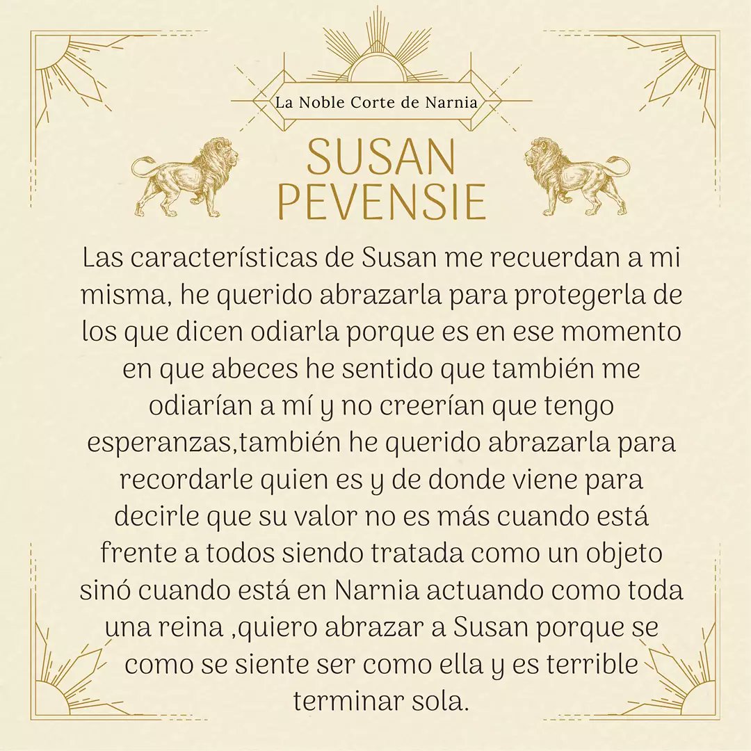 ✨TODOS TENEMOS UN NARNIANO INTERIOR ✨

El texto de hoy es enviado por Neymy Rivero, quien siente una empatía y cariño especial por el personaje de Susan Pevensie ❤️ Gracias por compartirnos un poco de ti y por abrazar tanto los aprendizajes de nuestra Reina Benévola✨🏹