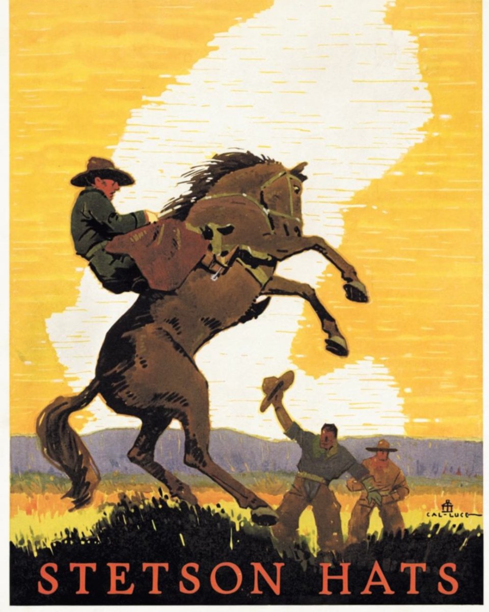 stetsonusa's tweet photo. Vintage Stetson Hats sign by Cal Luce of a Cowboy and Bucking Bronco.

#itsastetson #FromtheArchives https://t.co/XH72fkPXdb