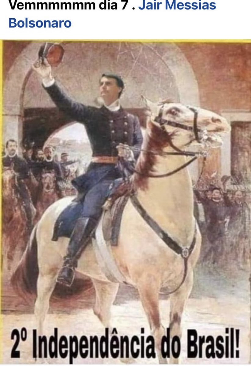 A ignorância da Bozolândia é + saliente do q o golpismo. Eles convocam o ato de 7 de Setembro, q chamam de “2ª Independência”, botando o rosto de Bolsonaro numa pintura. Mas usaram o quadro de Henrique Bernardelli q homenageia Marechal Deodoro, q proclamou a República. Antas!!!