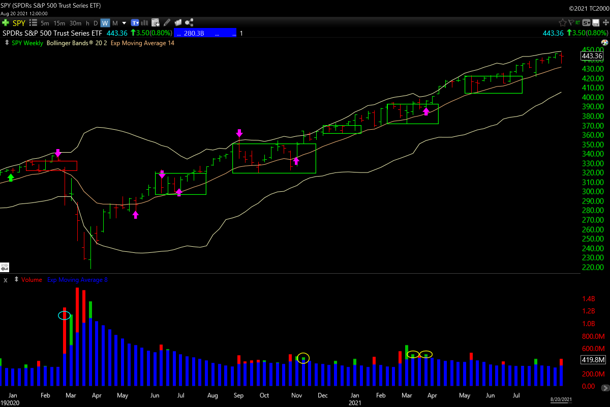 DarvasBoxAI's tweet image. $SPY trend has been above the weekly Moving Average I use since roughly May 2020 (wow!). Bollinger Bands keep squeezing slowly tighter also #energizer #keepsgoing