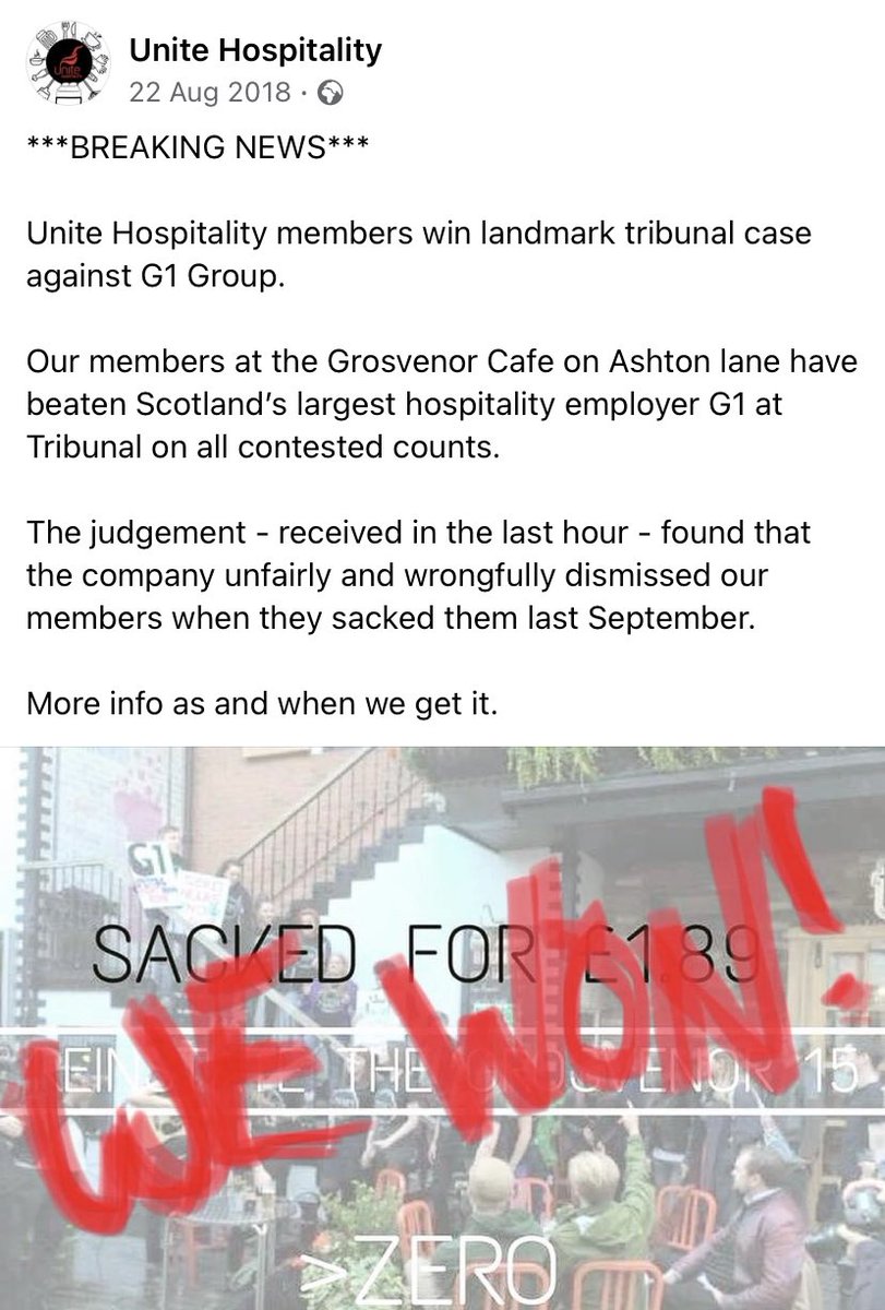 FairHospitality's tweet photo. They may have changed their name to @ScotsmanGroup but it was 3 years today that an inspiring team of bar workers took the #G1Group to court and won, on every count.
https://t.co/iRpajsMtec https://t.co/y8V3z3yezl