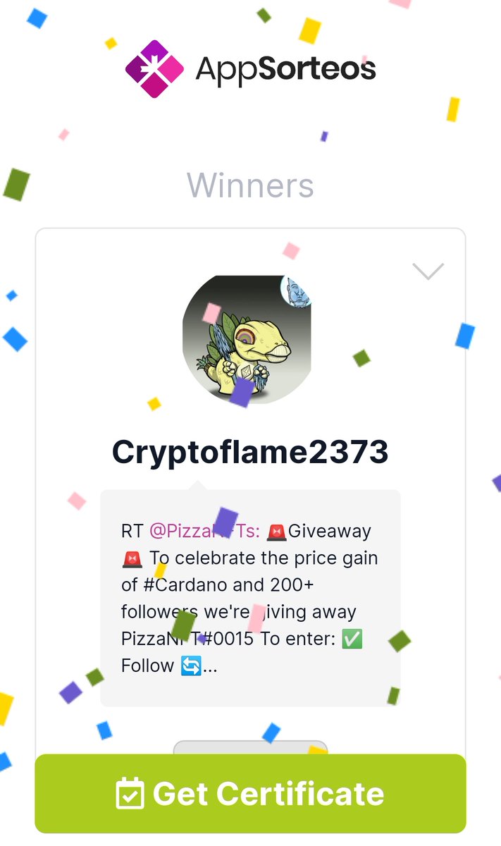PizzaNFTs's tweet photo. Giveaway Winners: 

@Cryptoflame2373 won PizzaNFT#0015 

@Porkcnft is the winner of our 20₳ holder giveaway

Congratulations to both https://t.co/kt5ebizlum