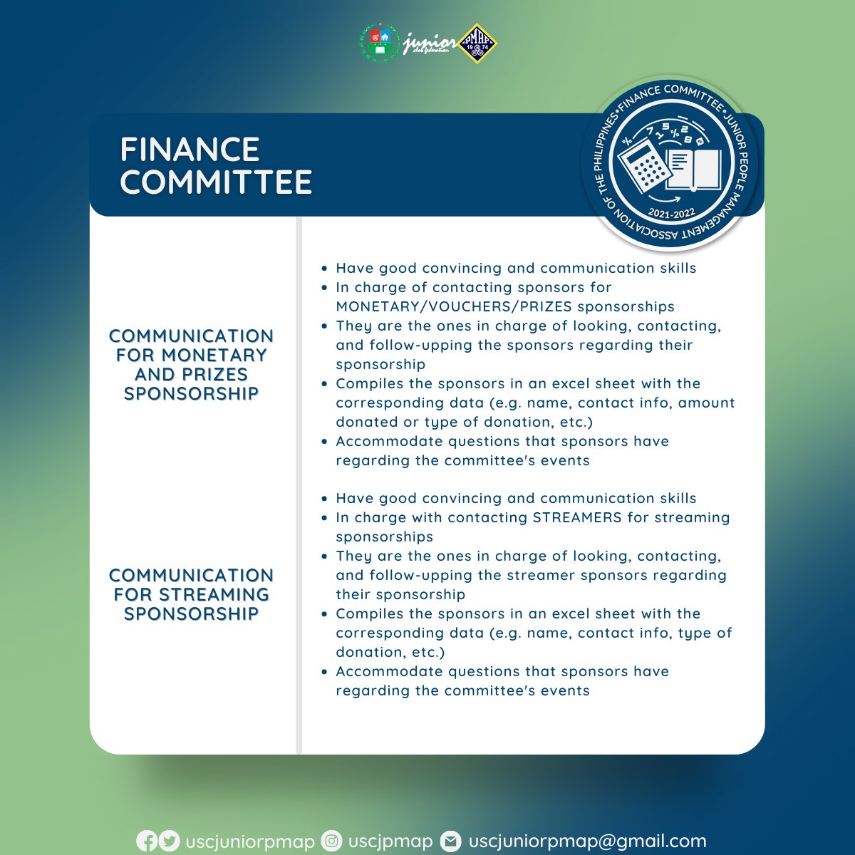 uscjuniorpmap's tweet photo. 𝐊𝐧𝐨𝐰 𝐦𝐨𝐫𝐞 𝐨𝐟 𝐭𝐡𝐞 𝐫𝐨𝐥𝐞𝐬 𝐚𝐧𝐝 𝐫𝐞𝐬𝐩𝐨𝐧𝐬𝐢𝐛𝐢𝐥𝐢𝐭𝐢𝐞𝐬 𝐨𝐟 𝐛𝐞𝐢𝐧𝐠 𝐚 𝐅𝐢𝐧𝐚𝐧𝐜𝐞 𝐂𝐨𝐦𝐦𝐢𝐭𝐭𝐞𝐞 𝐦𝐞𝐦𝐛𝐞𝐫!

#USCJPMAP
#BreakthroughwithJPMAP
#WeManagePeople

Publicity Material by: @marienelafaye
Caption by: @jewelgandioncoo https://t.co/7gOImWBZ18