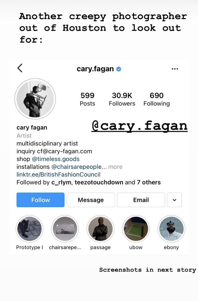 goldenpolaroid's tweet photo. TW: SA

Several women have come out with some disturbing stories about working with Cary Fagan, a well known photographer. Please share, this needs to stop happening. https://t.co/ZpCoKMAjoT