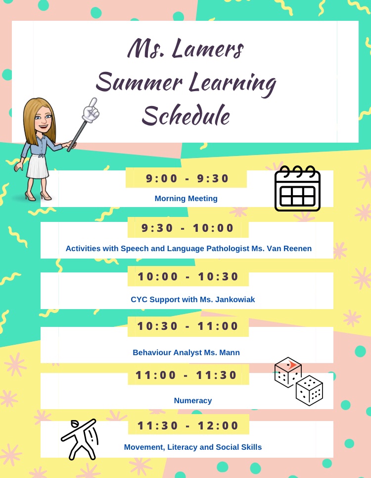 MrsLamers's tweet image. Our Class Daily Schedule for this week 💛 thank you @MissJFernandes 🤗 Looking forward to meeting our students tomorrow! #hcdsbspecedsummerlearning