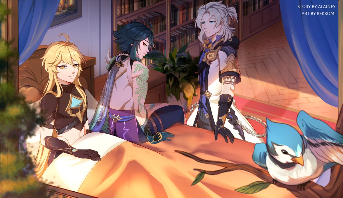 Another piece I did for the #GenshinBB2021! Why is Aether stuck in bed in Mondstadt? Read the fic to find out~  ✨archiveofourown.org/works/33412669…
✨Written by: <a href="/alainey_lee/">« alainey »</a> 
✨#genshinimpact #xiaobelther