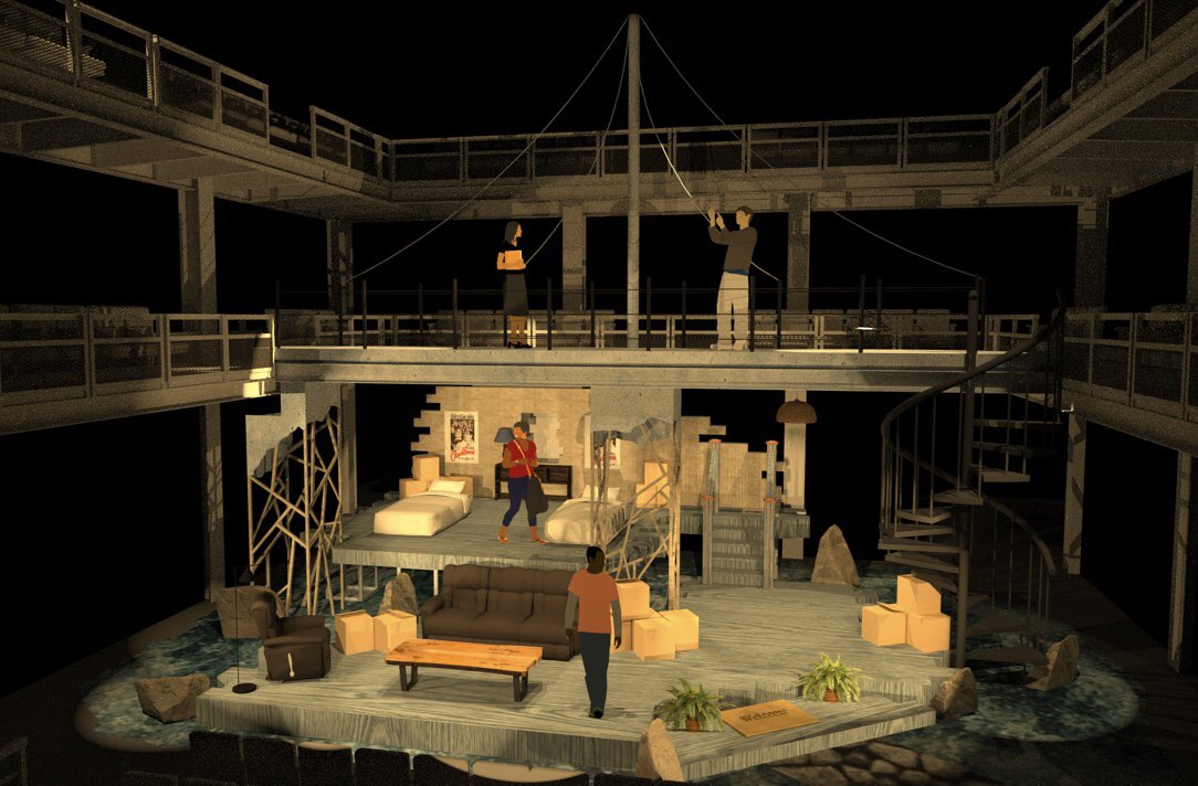 DisgruntledQ's tweet photo. Director hated this design and in fact gave me no positive notes, but I liked it so ¯\_(ツ)_/¯ 
The show takes place on a bridge and in a house. Wanted to play with the idea that the house was beneath the water below the bridge and shattered on the rocks below. https://t.co/SJennb7f0E