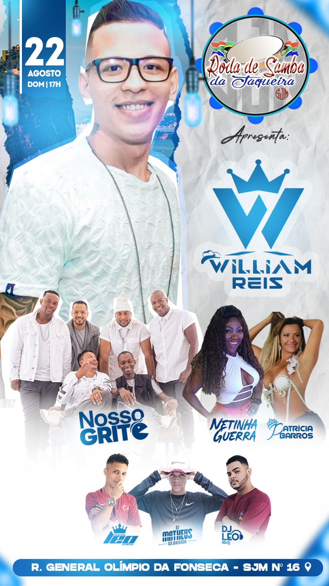 Domingo agora não tem jeito vem pra melhor roda de Samba da Baixada fluminense com o Grupo Nosso Grito e o cantor William Reis 🎤🎧🎼🎻🪕🎷🪘 e os DJs da casa sacudindo a câmera 🎤🎧🎼