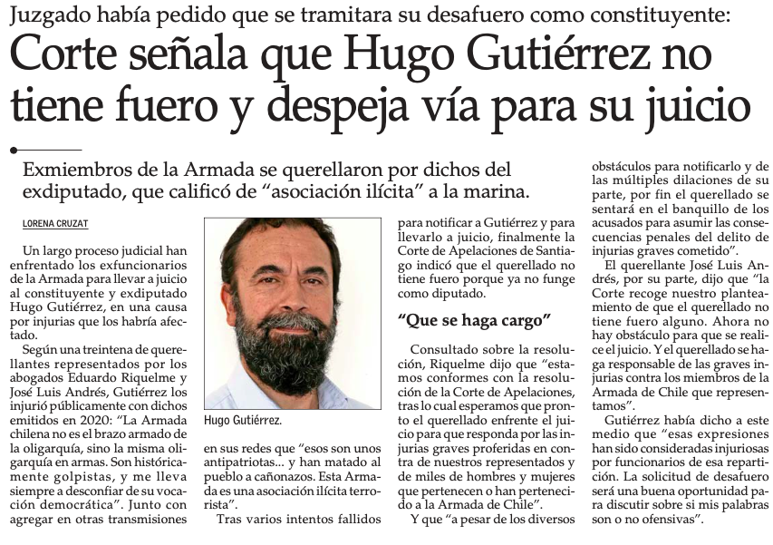 maxmurath's tweet photo. Llegó la hora para que el Constituyente @Hugo_Gutierrez_ enfrente a la justicia por los delitos y afrenta cometidos en contra de la @Armada_Chile. Ya no lo podrá salvar su anterior Fuero parlamentario. https://t.co/15Fpg5hIPu