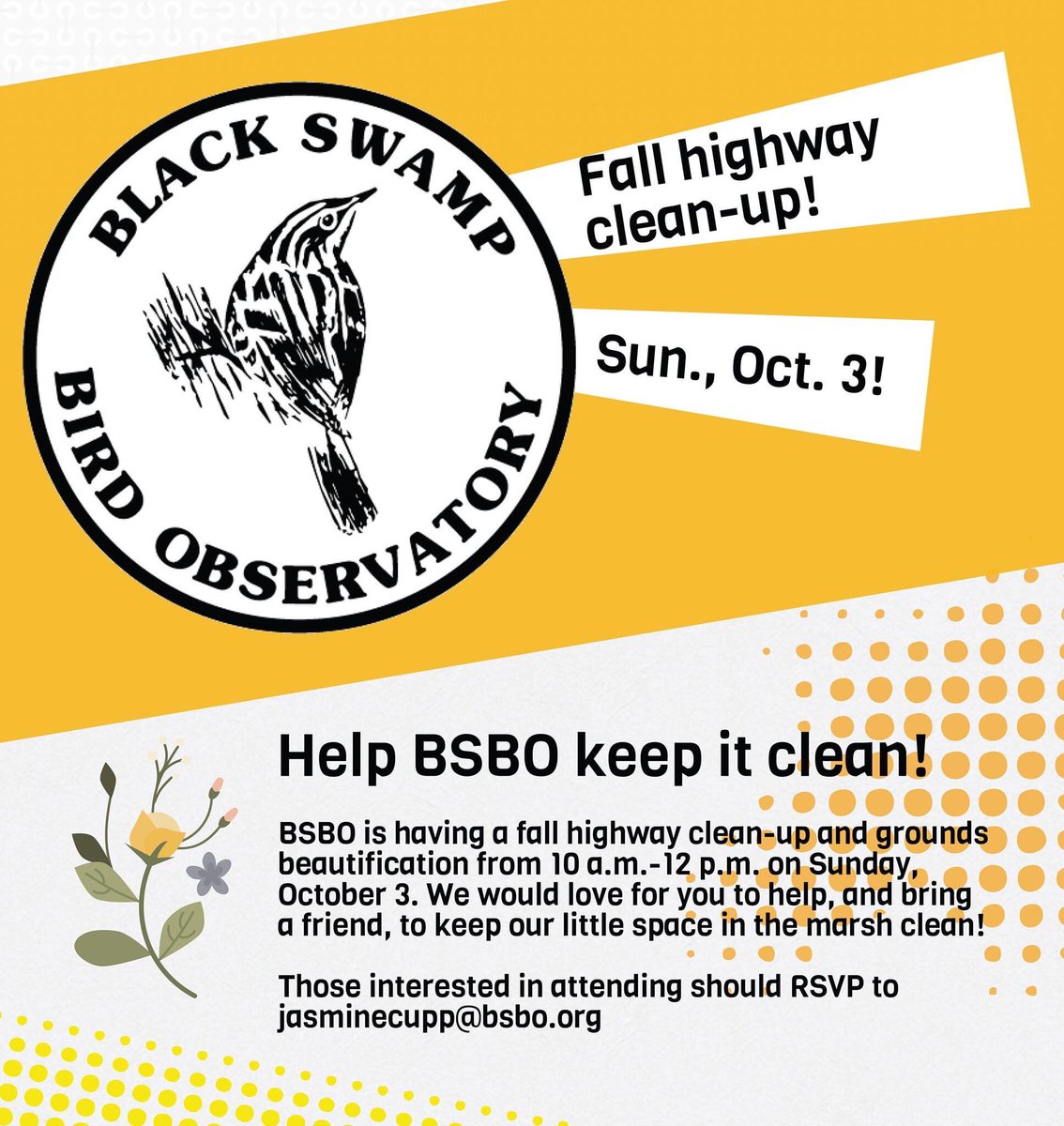 Join Black Swamp Bird Observatory for the fall highway cleanup and grounds beautification! The cleanup will take place Sunday, October 3, from 10 AM to 12 PM. Those interested should RSVP to Jasmine at jasminecupp@bsbo.org.