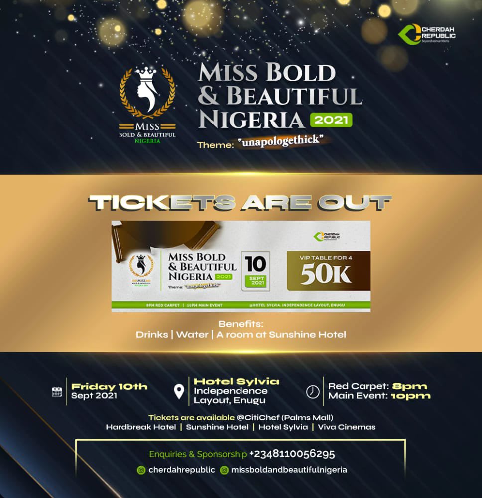 EnuguGod's tweet photo. And yes we are ready for the GrandFinale of the #MBBN21 #MBBN Miss Bold and Beautiful Nigeria.
It's gonna be a night to remember. Let's come crown the next Bold &amp; Beautiful Queen 2021
Hurry now and contact @CherdahR for your tickets while reservations are still ongoing https://t.co/9i6a6xS6ij