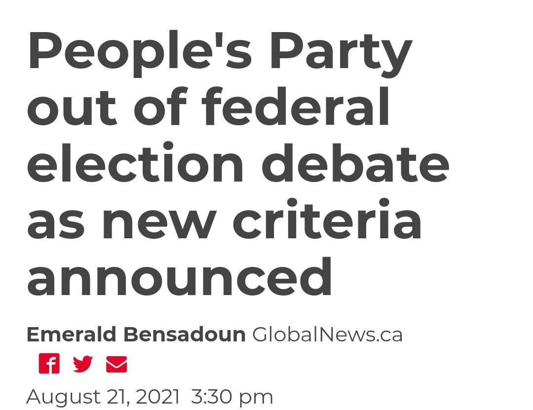 Humanlty1o1's tweet photo. For anyone not paying attention.
Theyve been planning on excluding PPC from the debates for a while.
June 22 they changed the rules to require 4%.
This was entirely about excluding #PPC and they always planned on tweaking the polls to do so.
This is an attack on all of us! https://t.co/ytQVRW2Ik4