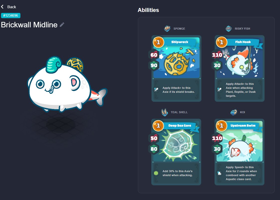 AxieCatch's tweet photo. Now that is what I call a Brickwall, theres no way anyone is touching that backline!!!!
Not on my watch!
🧽Sponge
🐚Teal Shell
🐟Koi
🎣Risky Fish

0.12 ETH
ID 1234696
#axieinfinityscholarship #AxieInifinty #NFTCommunity #AxieCatch https://t.co/1i24Bl9ECX