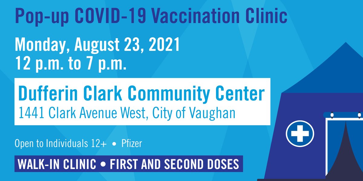 YorkRegionGovt's tweet photo. Need a first or second dose of the #COVID19 vaccine? Pop by the walk-in clinic tomorrow, Aug 23, at the Dufferin Clark Community Centre in the @City_of_Vaughan between 12 p.m. - 7 p.m. at 1441 Clark Avenue West to get your vaccine. https://t.co/8qYx0aIJ43