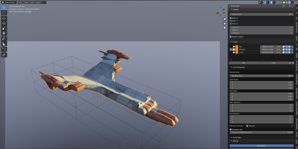 _configurate's tweet photo. V2 preview of the #b3d generative modelling Shipwright add-on: presets, custom objects &amp; materials, smoothing &amp; automation now all in one panel.

Upgrade will be free to existing users; get the latest version in the @blendermarket 25% sale, starting Tues.

https://t.co/DFvLJ75Pjf https://t.co/LUWd1yuMTO