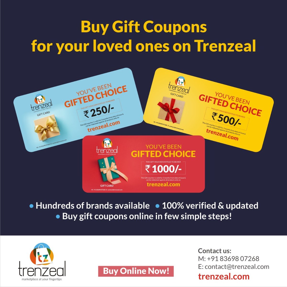 TrenZeal's tweet photo. Did you really miss buying gifts for your sister or brother?
We have Gift Coupons available in denominations of rupees 250, 500, and 1000. Don't miss this opportunity to buy the coupons and let your loved ones buy stuff of their choice. 
Just go to: https://t.co/Ex1NQoT5LQ https://t.co/KKkKey12Ql