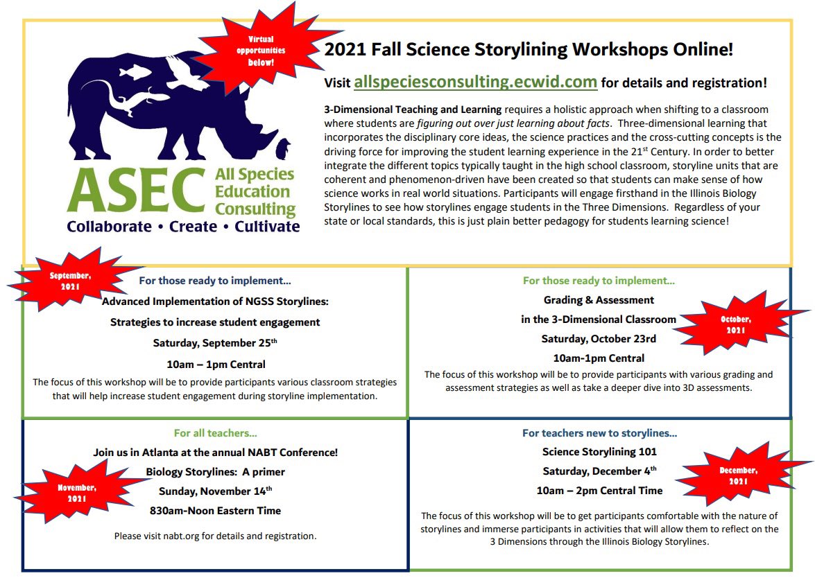 FALL SCIENCE STORYLINE WORKSHOPS:
Our Fall line-up is now available based on the feedback we received from all of you who completed our survey.  Most of our past workshops are available via recording but these are the upcoming workshops:

allspeciesconsulting.ecwid.com/2021-Fall-Work…