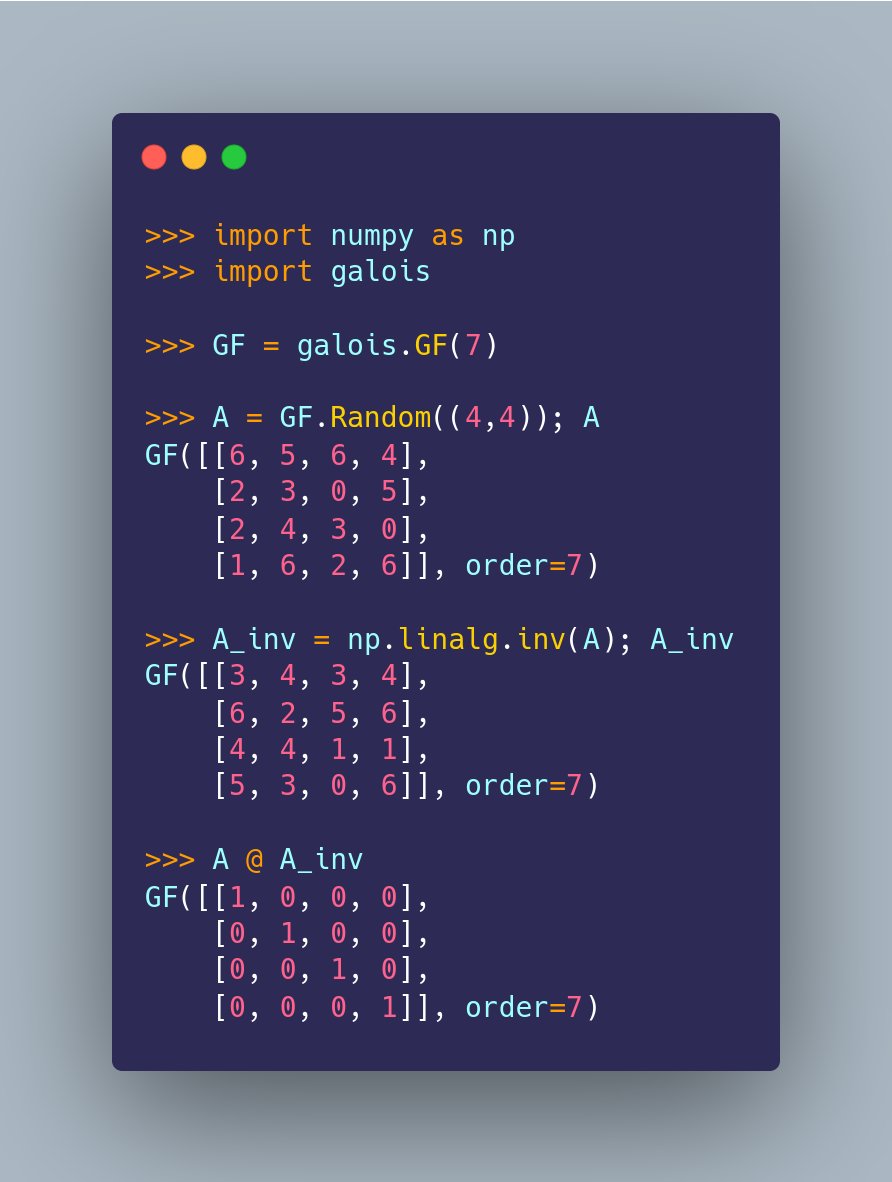 galois_py's tweet photo. Compute the inverse of a #NumPy matrix over a finite field in #Python. https://t.co/wUaqURThkM