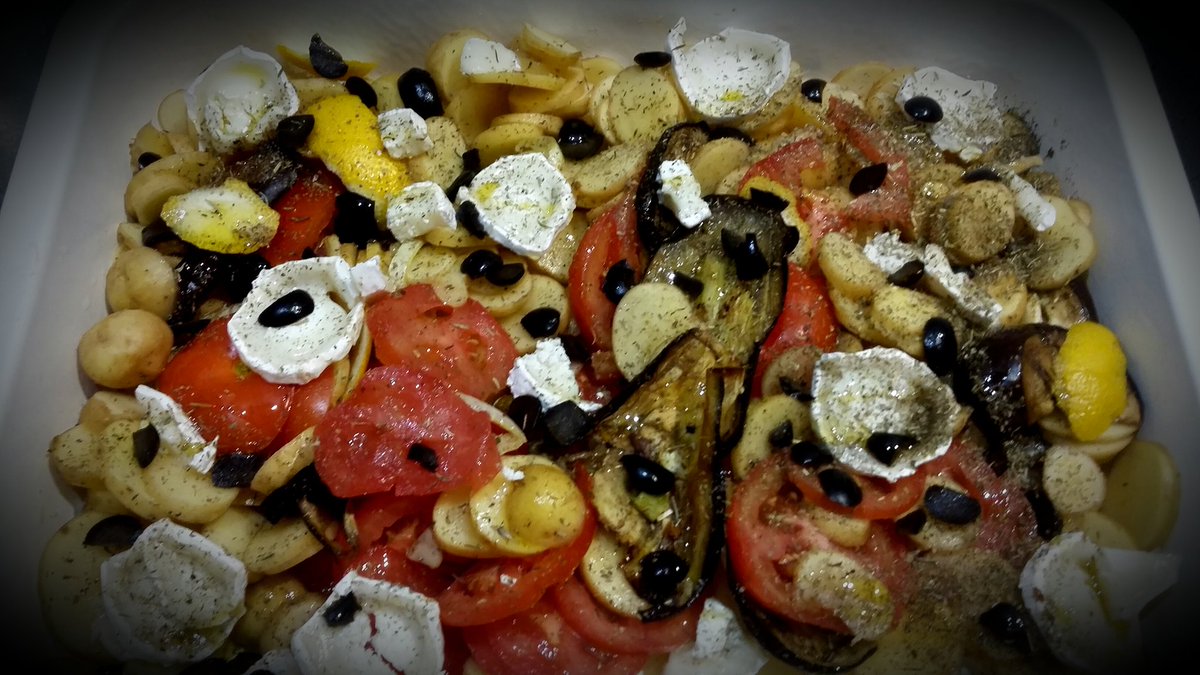 Just about to roast this lot. Potatoes, olive oil, aubergines, tomatoes, olives, goat's cheese, lemon zest & thyme. 😊
#vegetariancuisine 
#vegetables